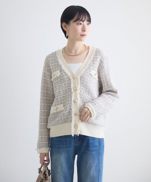 Paradise Picnic（パラダイスピクニック）の「ツイードジャガードVネックカーディガン（カーディガン/ボレロ・レディース・アイボリー/ブラック/ブルー・FREE）」の2枚目の写真