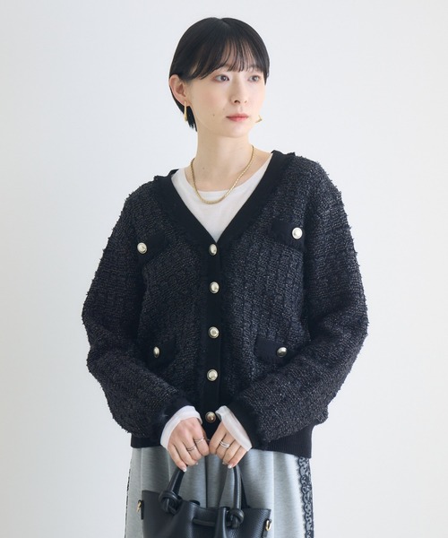 Paradise Picnic（パラダイスピクニック）の「ツイードジャガードVネックカーディガン（カーディガン/ボレロ・レディース・アイボリー/ブラック/ブルー・FREE）」の3枚目の写真