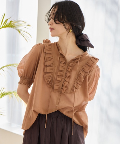 BARNYARDSTORM（バンヤードストーム）の「BARNYARDSTORM / 綿ボイルフリルブラウス（シャツ/ブラウス・レディース・キャメル/ブラック・FREE）」の2枚目の写真