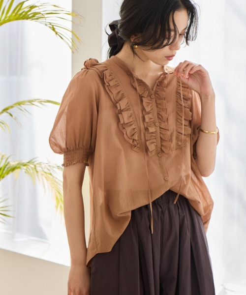 BARNYARDSTORM（バンヤードストーム）の「BARNYARDSTORM / 綿ボイルフリルブラウス（シャツ/ブラウス・レディース・キャメル/ブラック・FREE）」の4枚目の写真