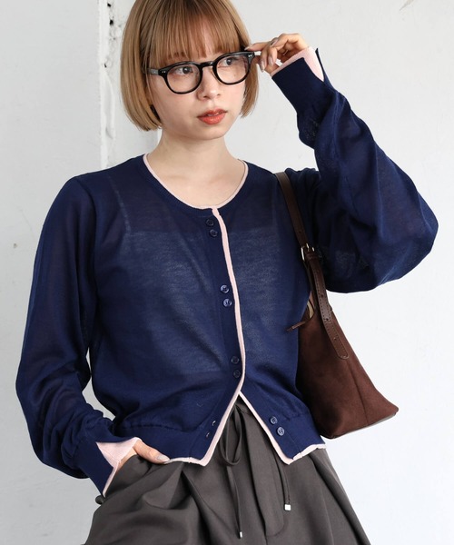 tiptop(ティップトップ)の「シアー配色クルーネックカーディガン(カーディガン/ボレロ・レディース・アイボリー/ライトグレー/レッド/ネイビー・FREE)」の3枚目の写真