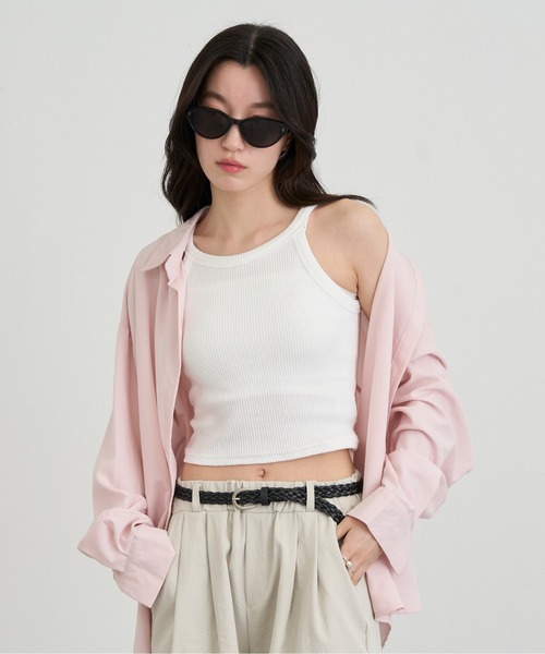 NUJOH(ヌゾ)の「Rib Knit Sleeveless Top / リブニットスリーブレストップスアクリル100(タンクトップ・レディース・ピンク/ホワイト/イエロー/ブラック/グレー・FREE)」の2枚目の写真