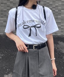 ブラックリボン×英字デザイン半袖Tシャツ