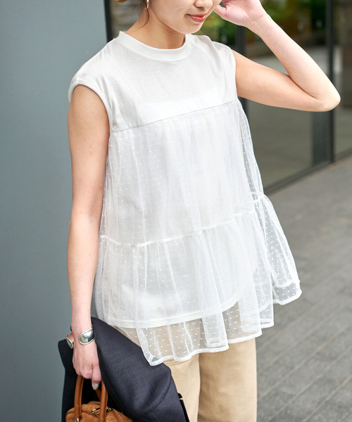 Spick & Span（スピックアンドスパン）の「《一部店舗+WEB限定 / 》ドットチュールティアードTシャツ（Tシャツ/カットソー・レディース・ブラック/ホワイト・FREE）」の4枚目の写真