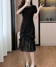 パールネックラメフリルヘムワンピース