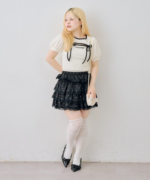 continuer de NICE CLAUP(コンティニューデナイスクラップ)の「胸リボンテレコTOPS(Tシャツ/カットソー・レディース・ピンク/ブラック/オフホワイト/その他12・FREE)」の5枚目の写真