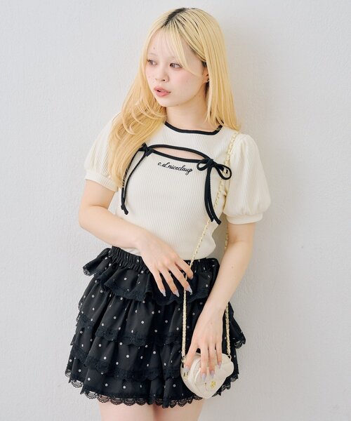 continuer de NICE CLAUP(コンティニューデナイスクラップ)の「胸リボンテレコTOPS(Tシャツ/カットソー・レディース・ピンク/ブラック/オフホワイト/その他12・FREE)」の6枚目の写真