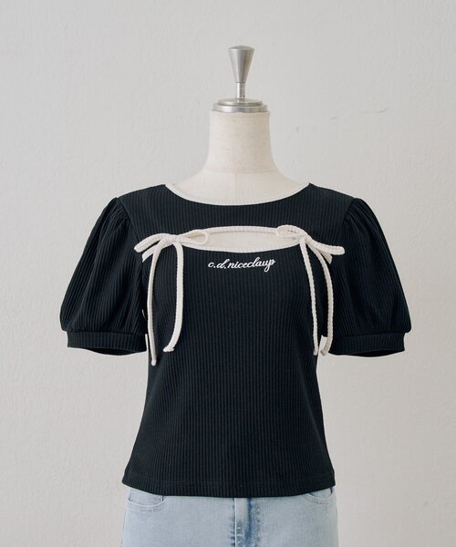 continuer de NICE CLAUP(コンティニューデナイスクラップ)の「胸リボンテレコTOPS(Tシャツ/カットソー・レディース・ピンク/ブラック/オフホワイト/その他12・FREE)」の8枚目の写真