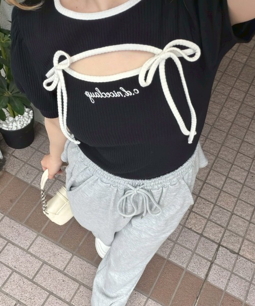 continuer de NICE CLAUP(コンティニューデナイスクラップ)の「胸リボンテレコTOPS(Tシャツ/カットソー・レディース・ピンク/ブラック/オフホワイト/その他12・FREE)」の20枚目の写真