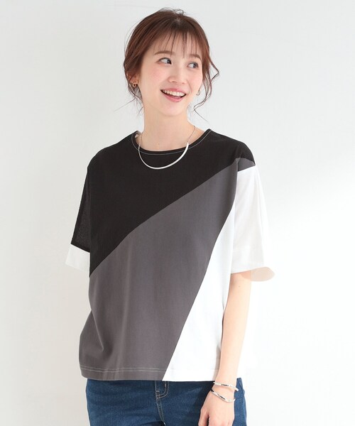 SHOO・LA・RUE(シューラルー)の「【S-LL/洗濯機可】インしないで着られる ななめ3段切り替えトップス(Tシャツ/カットソー・レディース・ブラック系4/ブラウン系その他5/ネイビー系4・01/02/03/04)」の4枚目の写真