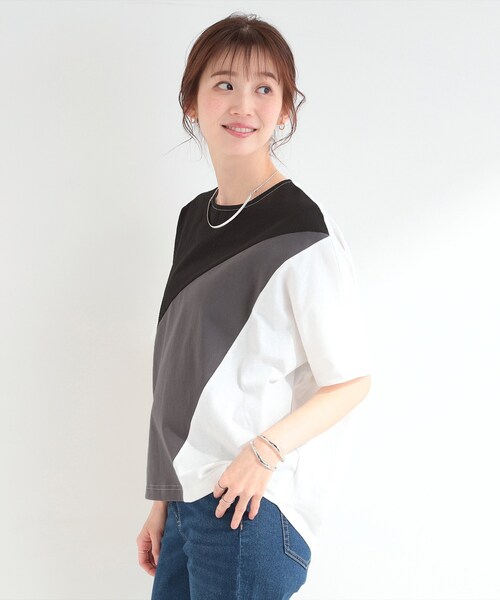 SHOO・LA・RUE(シューラルー)の「【S-LL/洗濯機可】インしないで着られる ななめ3段切り替えトップス(Tシャツ/カットソー・レディース・ブラック系4/ブラウン系その他5/ネイビー系4・01/02/03/04)」の5枚目の写真
