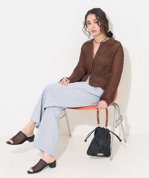 FREAK'S STORE(フリークスストア)の「透かし編み ニットポロ カーディガン/サマーニット(カーディガン/ボレロ・レディース・オフホワイト/ブラウン/ラベンダー・フリ-)」の4枚目の写真