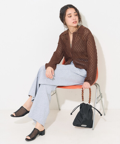 FREAK'S STORE(フリークスストア)の「透かし編み ニットポロ カーディガン/サマーニット(カーディガン/ボレロ・レディース・オフホワイト/ブラウン/ラベンダー・フリ-)」の5枚目の写真