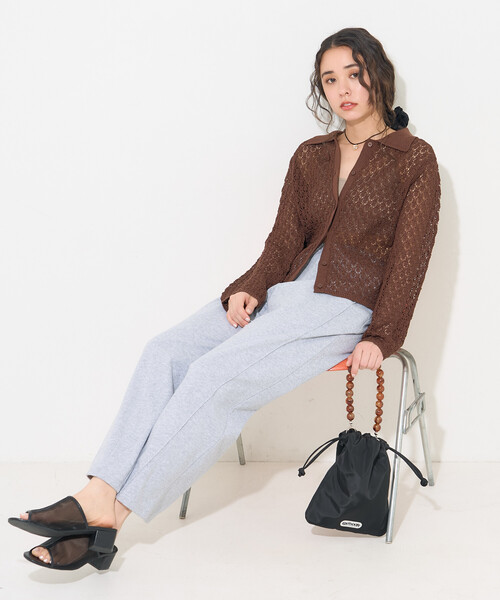 FREAK'S STORE(フリークスストア)の「透かし編み ニットポロ カーディガン/サマーニット(カーディガン/ボレロ・レディース・オフホワイト/ブラウン/ラベンダー・フリ-)」の6枚目の写真