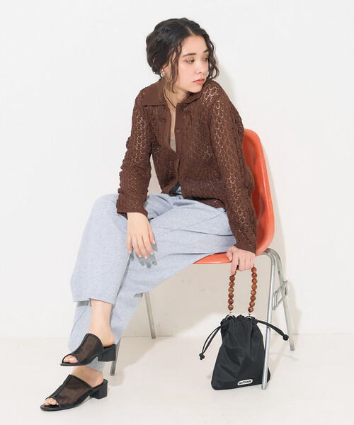 FREAK'S STORE(フリークスストア)の「透かし編み ニットポロ カーディガン/サマーニット(カーディガン/ボレロ・レディース・オフホワイト/ブラウン/ラベンダー・フリ-)」の7枚目の写真