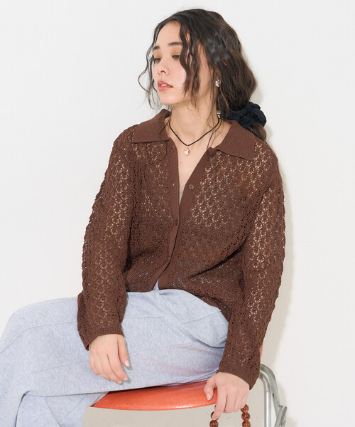 FREAK'S STORE(フリークスストア)の「透かし編み ニットポロ カーディガン/サマーニット(カーディガン/ボレロ・レディース・オフホワイト/ブラウン/ラベンダー・フリ-)」の8枚目の写真