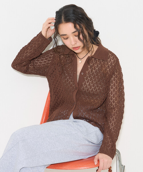 FREAK'S STORE(フリークスストア)の「透かし編み ニットポロ カーディガン/サマーニット(カーディガン/ボレロ・レディース・オフホワイト/ブラウン/ラベンダー・フリ-)」の9枚目の写真