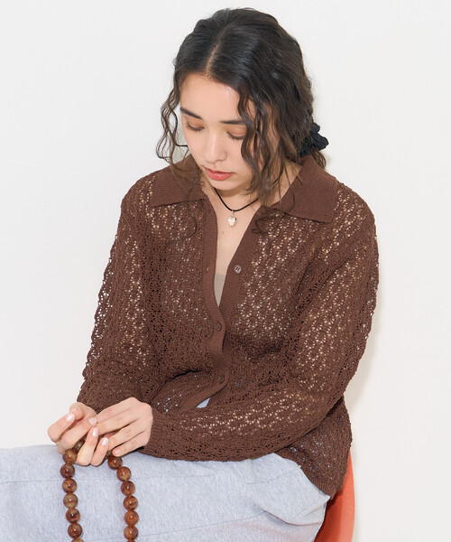 FREAK'S STORE(フリークスストア)の「透かし編み ニットポロ カーディガン/サマーニット(カーディガン/ボレロ・レディース・オフホワイト/ブラウン/ラベンダー・フリ-)」の10枚目の写真
