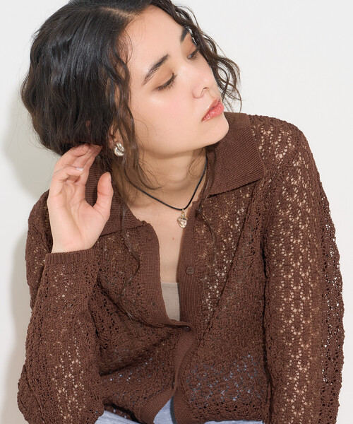 FREAK'S STORE(フリークスストア)の「透かし編み ニットポロ カーディガン/サマーニット(カーディガン/ボレロ・レディース・オフホワイト/ブラウン/ラベンダー・フリ-)」の13枚目の写真