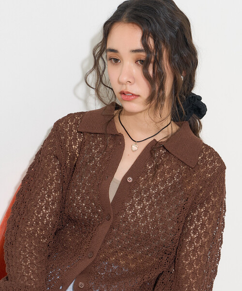 FREAK'S STORE(フリークスストア)の「透かし編み ニットポロ カーディガン/サマーニット(カーディガン/ボレロ・レディース・オフホワイト/ブラウン/ラベンダー・フリ-)」の15枚目の写真