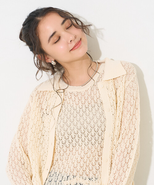 FREAK'S STORE(フリークスストア)の「透かし編み ニットポロ カーディガン/サマーニット(カーディガン/ボレロ・レディース・オフホワイト/ブラウン/ラベンダー・フリ-)」の21枚目の写真