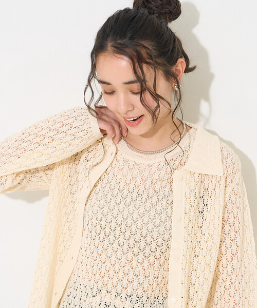FREAK'S STORE(フリークスストア)の「透かし編み ニットポロ カーディガン/サマーニット(カーディガン/ボレロ・レディース・オフホワイト/ブラウン/ラベンダー・フリ-)」の22枚目の写真