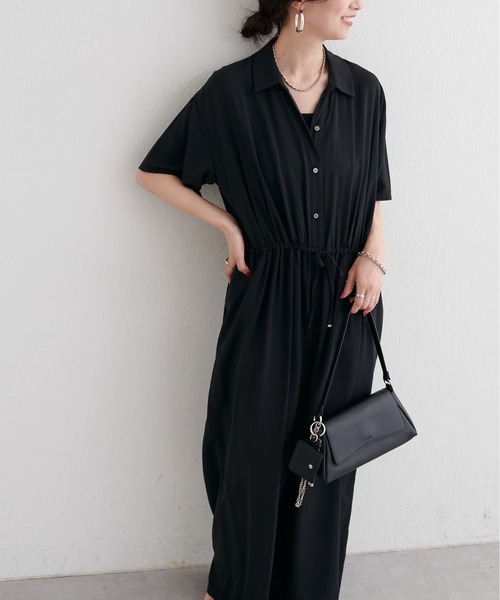 LARUTA(ラルータ)の「【LARUTA】開襟オールインワン(つなぎ/オールインワン・レディース・キャメル/ブラック・MEDIUM)」の1枚目の写真