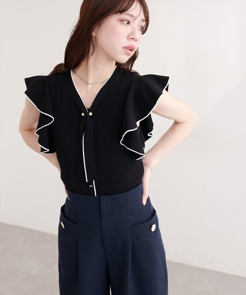 natural couture(ナチュラルクチュール)の「ラッフルボウタイニット(ニット/セーター・レディース・ラベンダー/ブラック/サックスブルー/オフホワイト・FREE)」の12枚目の写真