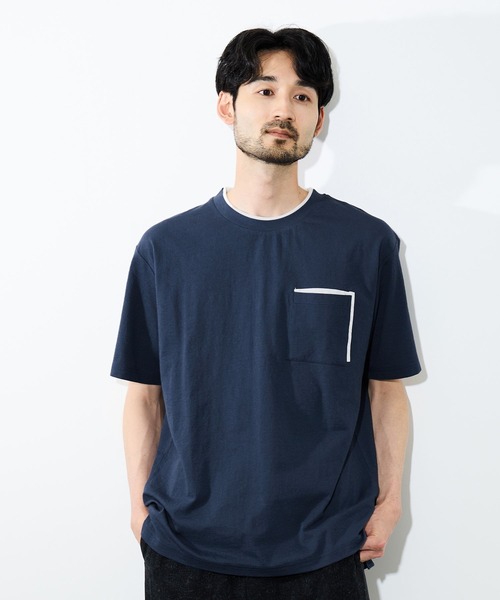 NAVY(ネイビー)の「【SARARI /サラリ】冷感 速乾 フェイクレイヤード ポケット 半袖Tシャツ(Tシャツ/カットソー・メンズ・オフホワイト/ネイビー/ライトグレー/ブラック・S/M/L/XL)」の4枚目の写真
