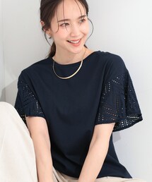 【S-LL/洗濯機可/体型カバー】汗じみが気になりにくい お袖レースフレアTシャツ