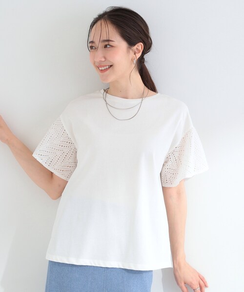 SHOO・LA・RUE（シューラルー）の「【汗じみ防止/ひんやり/S-LL】レースが華やか お袖フレアTシャツ（Tシャツ/カットソー・レディース・ネイビー/イエロー/ホワイト/ダークグレー/ピンク系その他・01/03/02/04）」の8枚目の写真