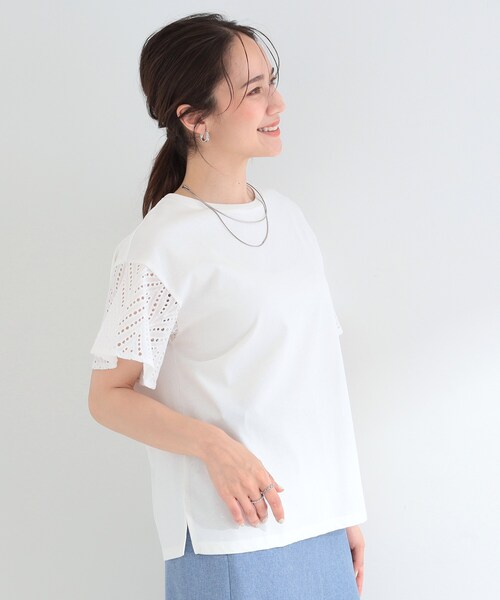 SHOO・LA・RUE（シューラルー）の「【汗じみ防止/ひんやり/S-LL】レースが華やか お袖フレアTシャツ（Tシャツ/カットソー・レディース・ネイビー/イエロー/ホワイト/ダークグレー/ピンク系その他・01/03/02/04）」の9枚目の写真