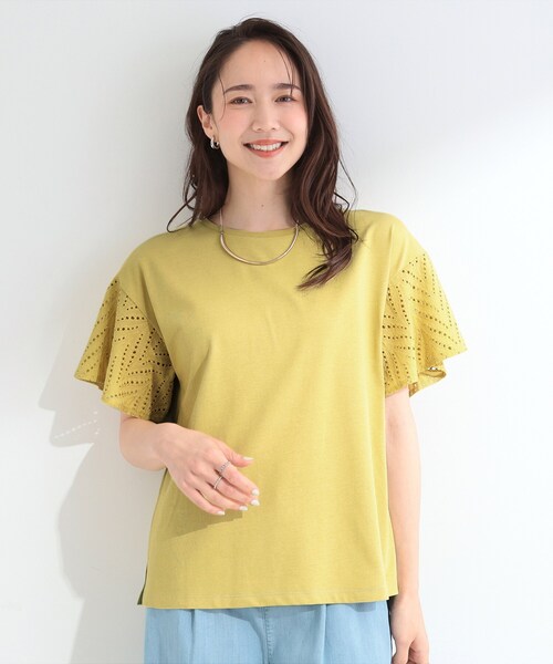 SHOO・LA・RUE（シューラルー）の「【汗じみ防止/ひんやり/S-LL】レースが華やか お袖フレアTシャツ（Tシャツ/カットソー・レディース・ネイビー/イエロー/ホワイト/ダークグレー/ピンク系その他・01/03/02/04）」の16枚目の写真