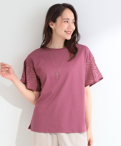 SHOO・LA・RUE（シューラルー）の「【汗じみ防止/ひんやり/S-LL】レースが華やか お袖フレアTシャツ（Tシャツ/カットソー・レディース・ネイビー/イエロー/ホワイト/ダークグレー/ピンク系その他・01/03/02/04）」の20枚目の写真