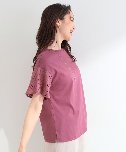 SHOO・LA・RUE（シューラルー）の「【汗じみ防止/ひんやり/S-LL】レースが華やか お袖フレアTシャツ（Tシャツ/カットソー・レディース・ネイビー/イエロー/ホワイト/ダークグレー/ピンク系その他・01/03/02/04）」の21枚目の写真