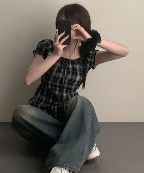 VIVID LADY（ビビッドレディー）の「チェック アシンメトリーフレアヘム 半袖ブラウス（シャツ/ブラウス・レディース・ブラック/アイボリー・FREE）」の12枚目の写真