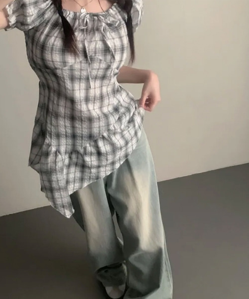 VIVID LADY（ビビッドレディー）の「チェック アシンメトリーフレアヘム 半袖ブラウス（シャツ/ブラウス・レディース・ブラック/アイボリー・FREE）」の16枚目の写真