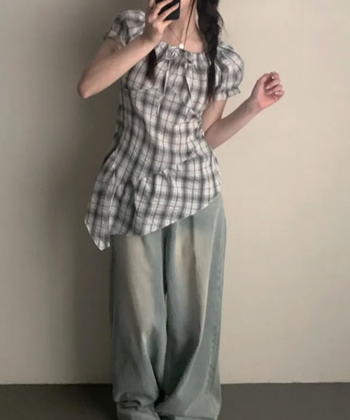 VIVID LADY（ビビッドレディー）の「チェック アシンメトリーフレアヘム 半袖ブラウス（シャツ/ブラウス・レディース・ブラック/アイボリー・FREE）」の18枚目の写真