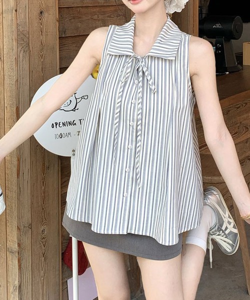 shyam inspiration（シャムインスピレーション）の「ストライプリボンノースリーブブラウス/タック入り（シャツ/ブラウス・レディース・ライトブルー・L/M）」の11枚目の写真