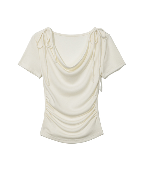 MOAA(モア)の「ショルダーリボンドレープシャーリングTシャツ(Tシャツ/カットソー・レディース・スカイブルー/ホワイト/ブラック・MEDIUM/SMALL)」の2枚目の写真
