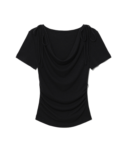 MOAA(モア)の「ショルダーリボンドレープシャーリングTシャツ(Tシャツ/カットソー・レディース・スカイブルー/ホワイト/ブラック・MEDIUM/SMALL)」の1枚目の写真