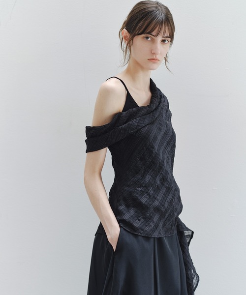 tageechita(タジチタ)の「【tageechita】シアーチェックワンショルダートップス(シャツ/ブラウス・レディース・ブラック/ブラウン・M/S/L)」の9枚目の写真