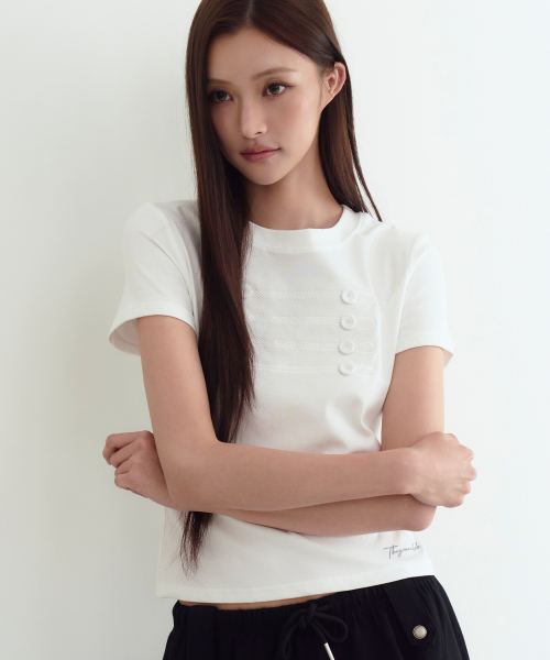 THE GREEN LAB（ザグリーンラボ）の「ナポレオンボタンポイント半袖[ホワイト]（Tシャツ/カットソー・レディース・その他・FREE）」の5枚目の写真