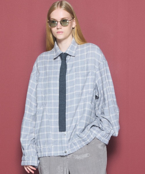MAISON SPECIAL（メゾンスペシャル）の「《UNISEX》【Italian Dead Stock Fabric】Curve Switching Prime-Over Plaid Shirt Blouson/【イタリアンデッドストックファブリック】カーブスイッチングプライムオーバーチェックシャツブルゾン【MAISON SPECIAL/メゾンスペシャル】（シャツ/ブラウス・メンズ・ブラック/ライトグレー/レッド/その他1/ブルー/カーキ/ピンク・2/1/0）」の3枚目の写真