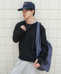 レイヤードストライプヘンリーネックTシャツ[ブラック]
