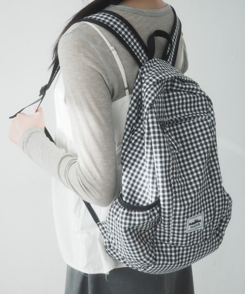 HEISAN(ハイサン)の「◇HEISAN◇ブランド直輸入正規品/折りたためる/パッカブル/コンパクトポケットバッグ v1 ギンガムチェック Compact Pocket Bag v1 Gingham Check(バックパック/リュック・レディース・ブラック/スカイブルー・FREE)」の5枚目の写真
