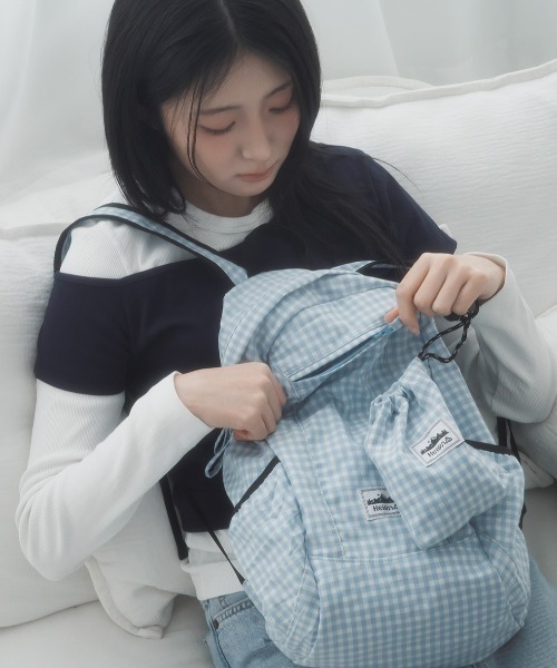 HEISAN(ハイサン)の「◇HEISAN◇ブランド直輸入正規品/折りたためる/パッカブル/コンパクトポケットバッグ v1 ギンガムチェック Compact Pocket Bag v1 Gingham Check(バックパック/リュック・レディース・ブラック/スカイブルー・FREE)」の6枚目の写真