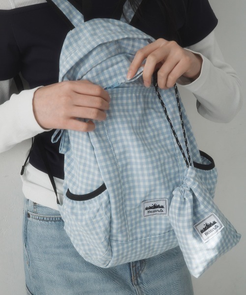 HEISAN(ハイサン)の「◇HEISAN◇ブランド直輸入正規品/折りたためる/パッカブル/コンパクトポケットバッグ v1 ギンガムチェック Compact Pocket Bag v1 Gingham Check(バックパック/リュック・レディース・ブラック/スカイブルー・FREE)」の7枚目の写真