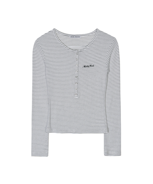 NICK&NICOLE(ニックアンドニコール)の「ストライプ ヘンリーネック トップ_グレー(Tシャツ/カットソー・レディース・アイボリー・FREE)」の1枚目の写真