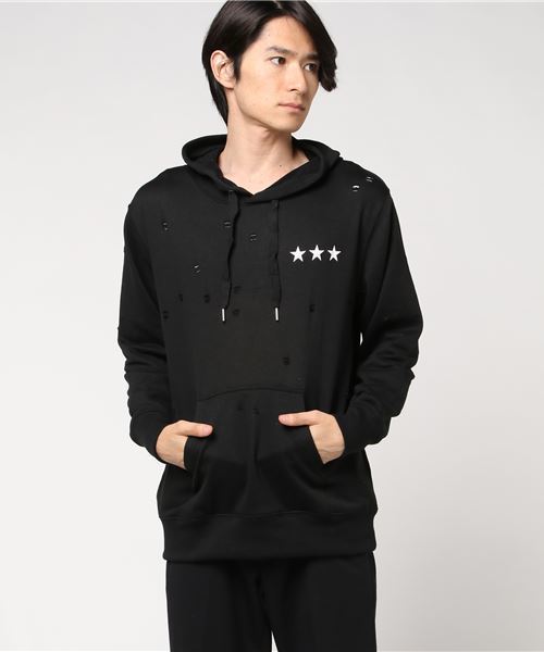 STYLEBLOCK(スタイルブロック)の「スタープリントダメージ裏毛パーカー(パーカー・メンズ・ブラック/グレー/ホワイト・L/LL/M)」の1枚目の写真